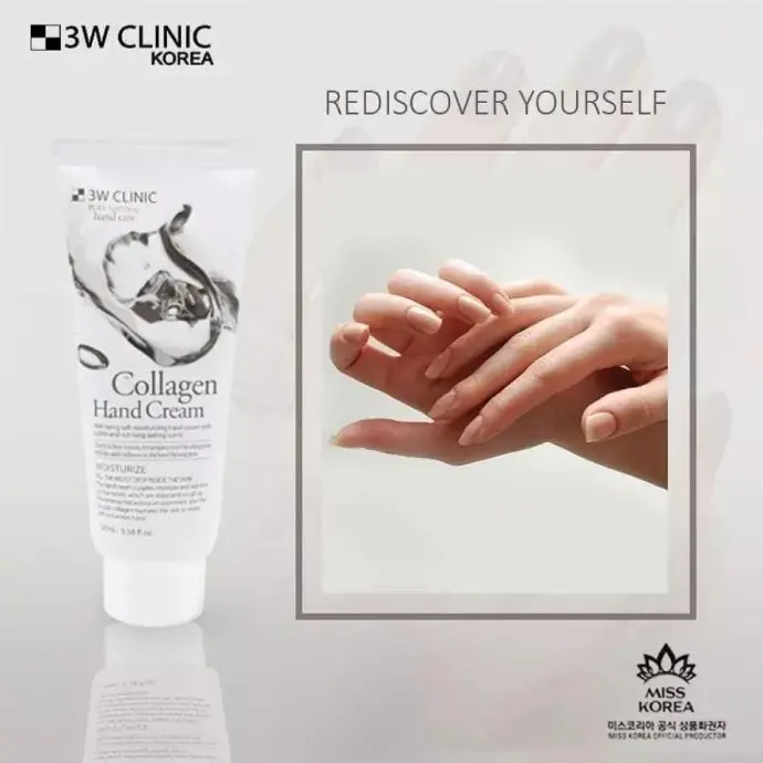 3W Clinic Collagen Hand Cream 100ml – Front View Discover 3W Clinic Collagen Hand Cream with hydrating formula and firming collagen. Ships faster than YesStyle & better priced than Amazon
